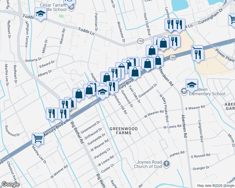 map of restaurants, bars, coffee shops, grocery stores, and more near 2901 West Mercury Boulevard in Hampton