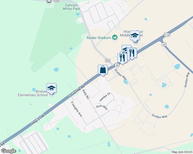 map of restaurants, bars, coffee shops, grocery stores, and more near 6550 Louisville Road in Bowling Green