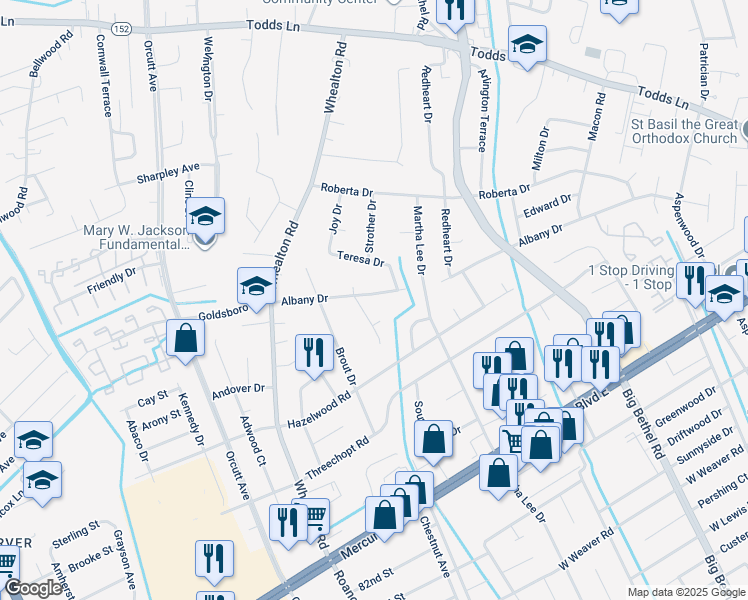 map of restaurants, bars, coffee shops, grocery stores, and more near 32 Albany Drive in Hampton