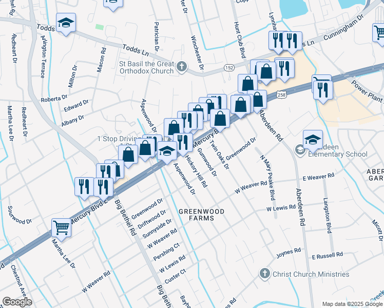 map of restaurants, bars, coffee shops, grocery stores, and more near 2905 West Mercury Boulevard in Hampton