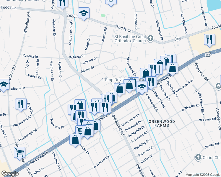 map of restaurants, bars, coffee shops, grocery stores, and more near 2908 Leta Court in Hampton