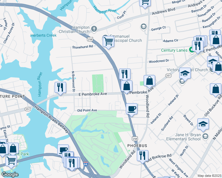 map of restaurants, bars, coffee shops, grocery stores, and more near in Hampton