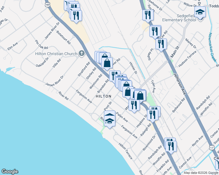 map of restaurants, bars, coffee shops, grocery stores, and more near 41 Milford Road in Newport News