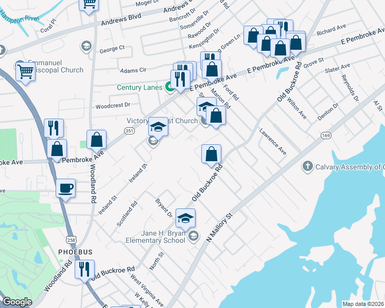 map of restaurants, bars, coffee shops, grocery stores, and more near 1415 Edson Terrace in Hampton