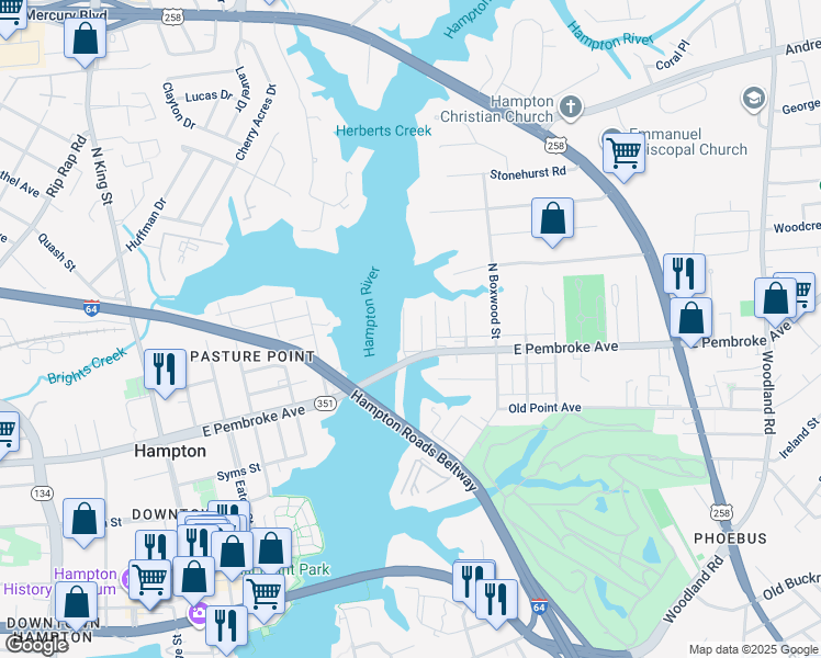 map of restaurants, bars, coffee shops, grocery stores, and more near 14 Barron Drive in Hampton