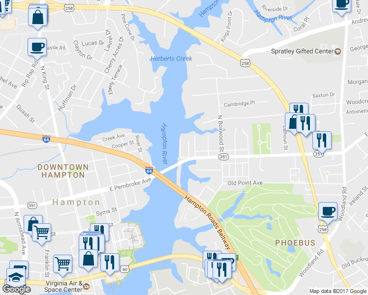 map of restaurants, bars, coffee shops, grocery stores, and more near 14 Barron Drive in Hampton