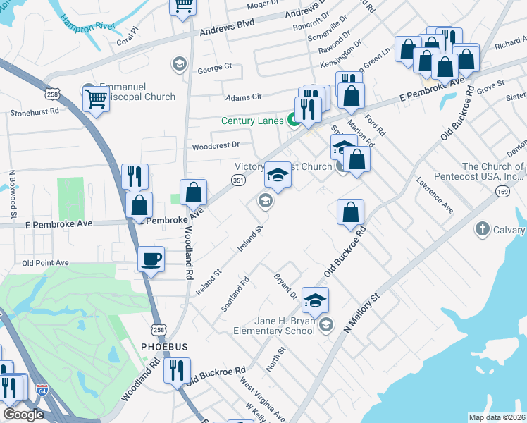 map of restaurants, bars, coffee shops, grocery stores, and more near 85 Ireland Street in Hampton