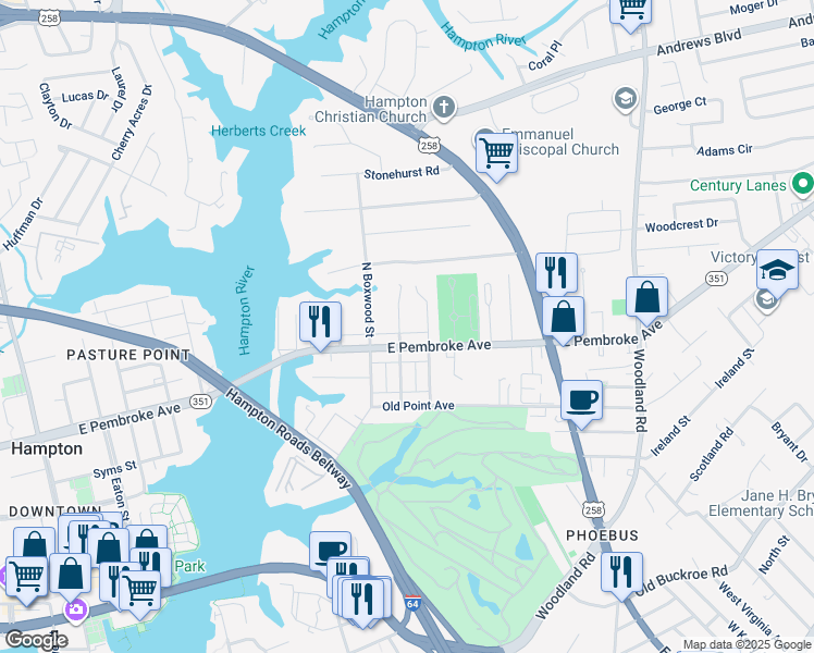 map of restaurants, bars, coffee shops, grocery stores, and more near 10 North Juniper Street in Hampton