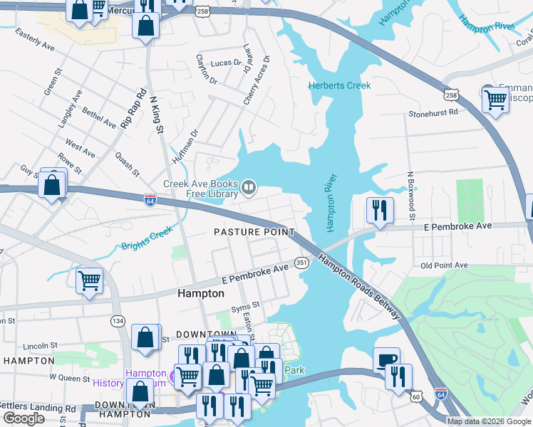 map of restaurants, bars, coffee shops, grocery stores, and more near 717 Marshall Street in Hampton