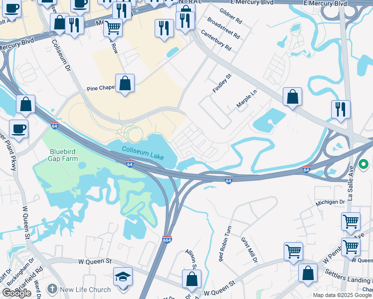 map of restaurants, bars, coffee shops, grocery stores, and more near 208 Aqua Court in Hampton