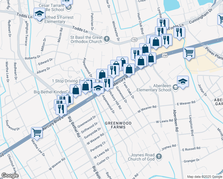 map of restaurants, bars, coffee shops, grocery stores, and more near 2901 West Mercury Boulevard in Hampton