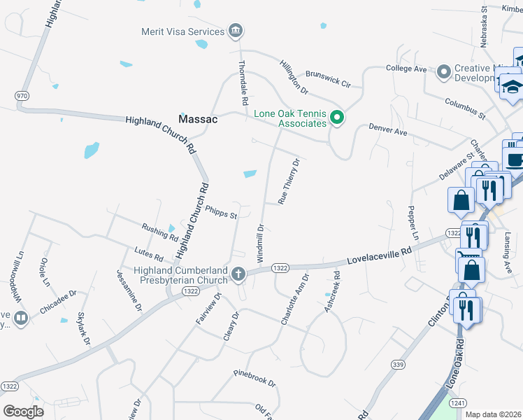 map of restaurants, bars, coffee shops, grocery stores, and more near 179 Windmill Drive in Paducah
