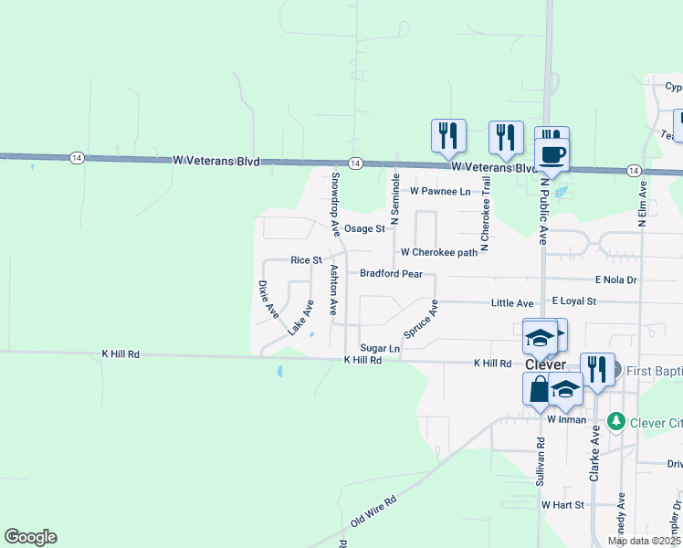 map of restaurants, bars, coffee shops, grocery stores, and more near 211 Ashton Avenue in Clever