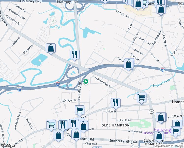 map of restaurants, bars, coffee shops, grocery stores, and more near 915 North Armistead Avenue in Hampton