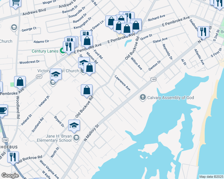 map of restaurants, bars, coffee shops, grocery stores, and more near 16 Oneda Drive in Hampton