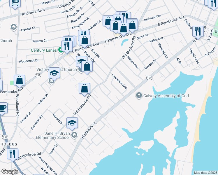 map of restaurants, bars, coffee shops, grocery stores, and more near 16 Oneda Drive in Hampton