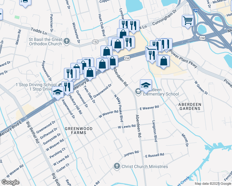 map of restaurants, bars, coffee shops, grocery stores, and more near 68 North Mary Peake Boulevard in Hampton