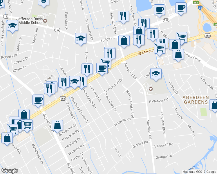 map of restaurants, bars, coffee shops, grocery stores, and more near 18 Tallwood Drive in Hampton