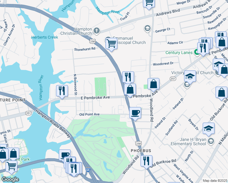 map of restaurants, bars, coffee shops, grocery stores, and more near 19 Calhoun Street in Hampton