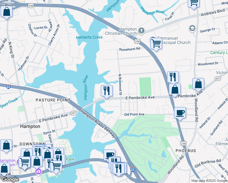 map of restaurants, bars, coffee shops, grocery stores, and more near 12 Holly Street in Hampton