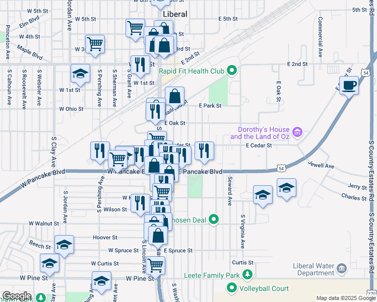 map of restaurants, bars, coffee shops, grocery stores, and more near 425 South Pennsylvania Avenue in Liberal
