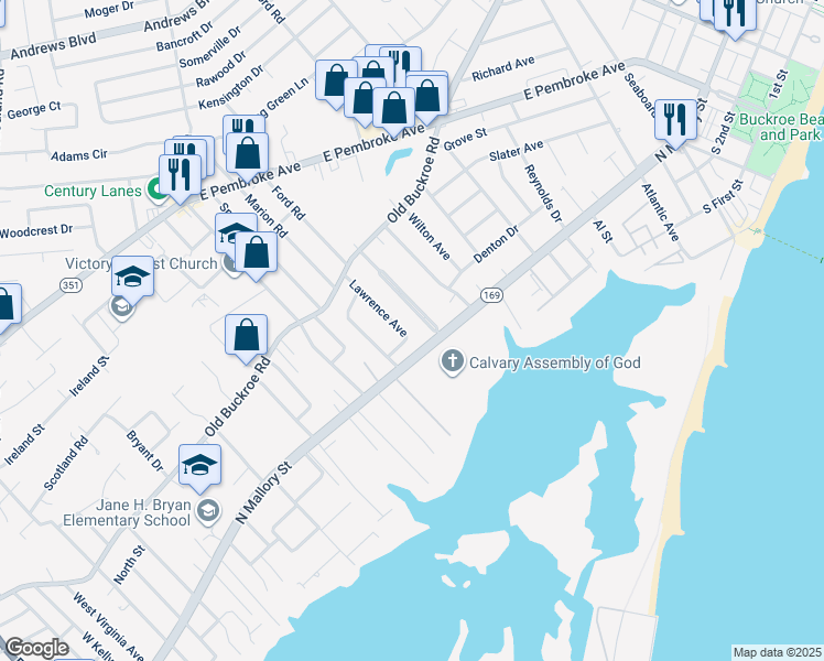 map of restaurants, bars, coffee shops, grocery stores, and more near 39 Lawrence Avenue in Hampton