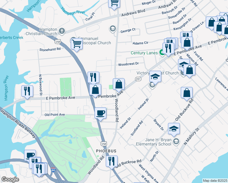 map of restaurants, bars, coffee shops, grocery stores, and more near 205 Woodland Road in Hampton