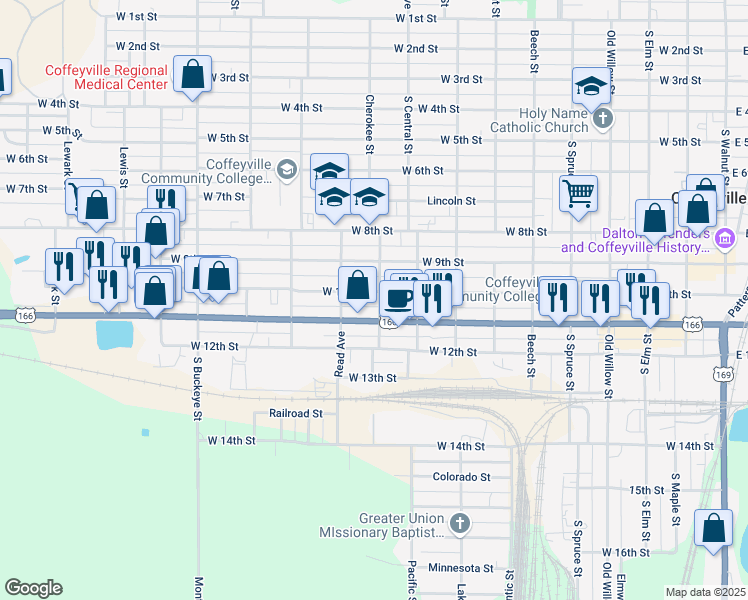 map of restaurants, bars, coffee shops, grocery stores, and more near 1002 West 11th Street in Coffeyville