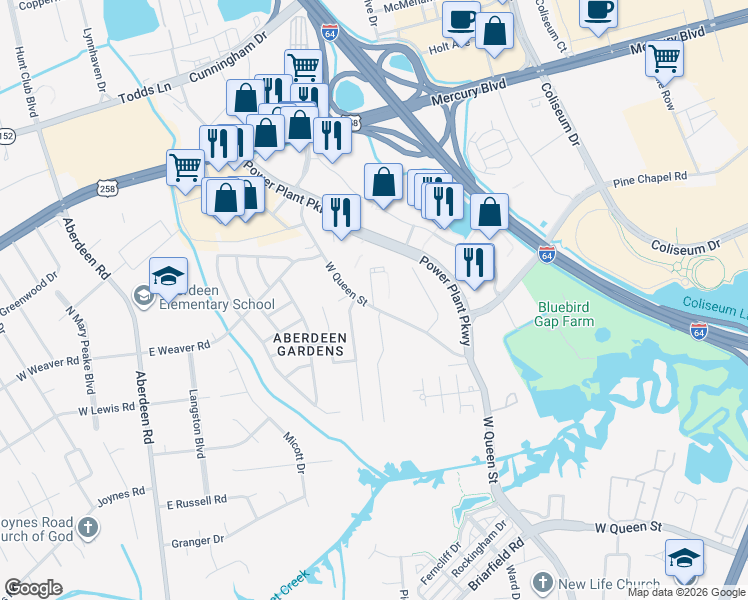 map of restaurants, bars, coffee shops, grocery stores, and more near 1744 West Queen Street in Hampton