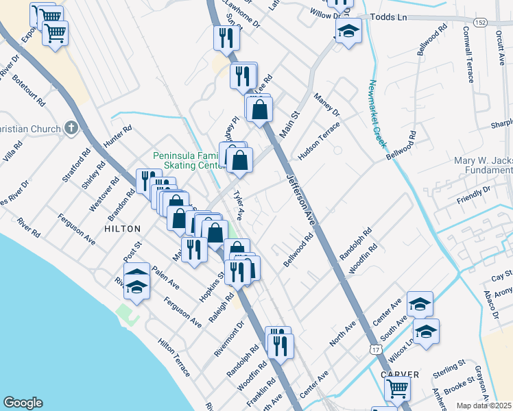 map of restaurants, bars, coffee shops, grocery stores, and more near 520 Bulkeley Place in Newport News