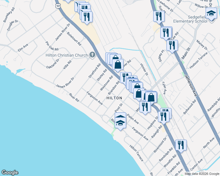 map of restaurants, bars, coffee shops, grocery stores, and more near 33 Brandon Road in Newport News