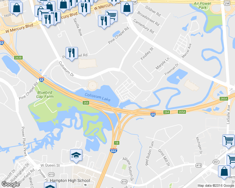 map of restaurants, bars, coffee shops, grocery stores, and more near 509 Waterside Drive in Hampton