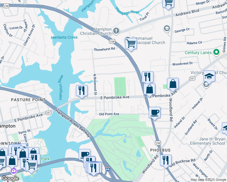 map of restaurants, bars, coffee shops, grocery stores, and more near 8 North Cypress Street in Hampton