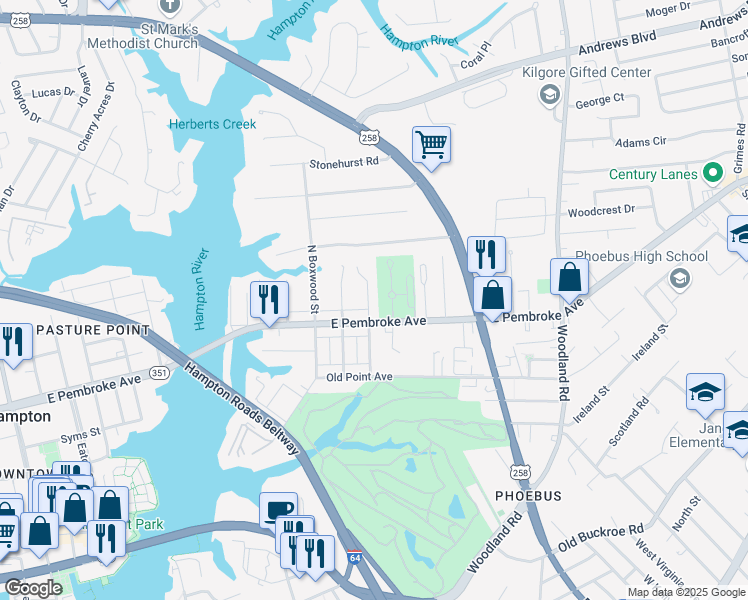 map of restaurants, bars, coffee shops, grocery stores, and more near 8 North Cypress Street in Hampton