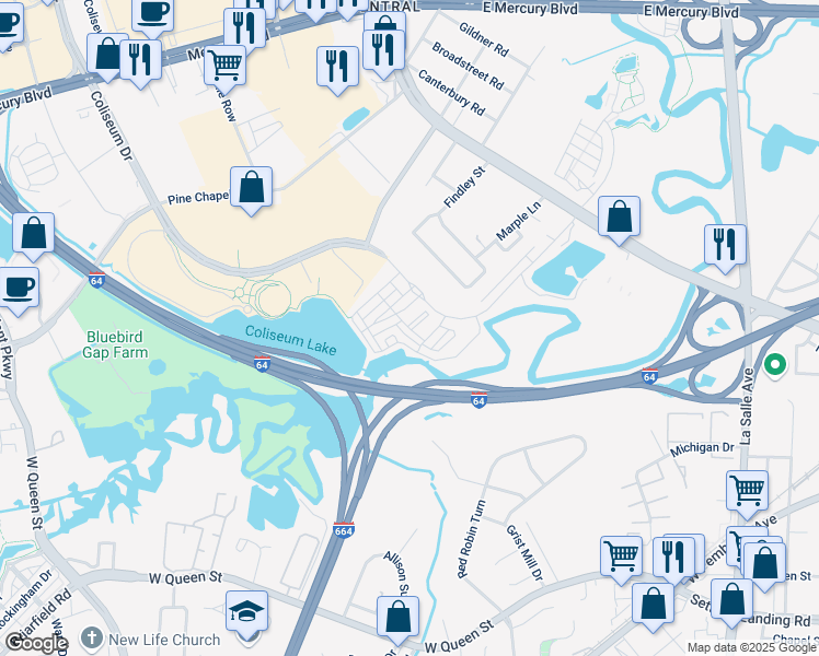 map of restaurants, bars, coffee shops, grocery stores, and more near 526 Clear Stream Lane in Hampton