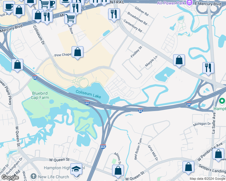 map of restaurants, bars, coffee shops, grocery stores, and more near 330 Fountain Way in Hampton