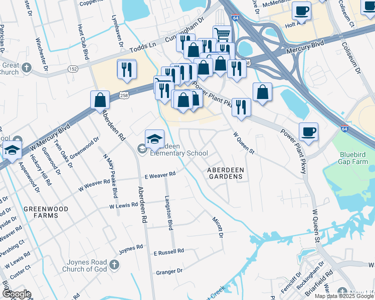 map of restaurants, bars, coffee shops, grocery stores, and more near 103 East Weaver Road in Hampton