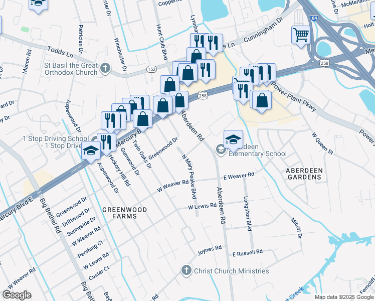 map of restaurants, bars, coffee shops, grocery stores, and more near 68 North Mary Peake Boulevard in Hampton