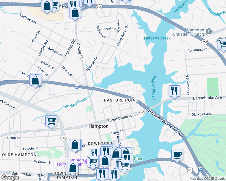 map of restaurants, bars, coffee shops, grocery stores, and more near 202 Cooper Street in Hampton