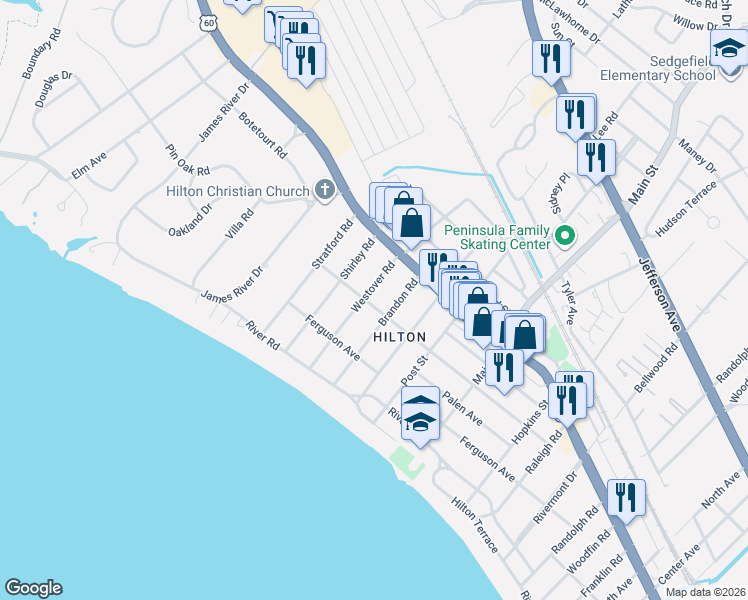 map of restaurants, bars, coffee shops, grocery stores, and more near 33 Brandon Road in Newport News