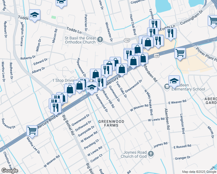 map of restaurants, bars, coffee shops, grocery stores, and more near 2901 West Mercury Boulevard in Hampton