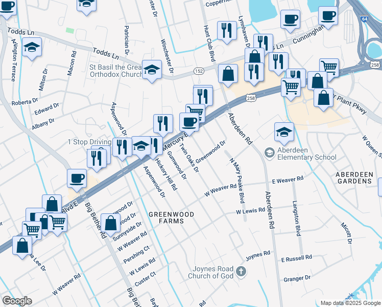 map of restaurants, bars, coffee shops, grocery stores, and more near 11 Twin Oaks Dr in Hampton