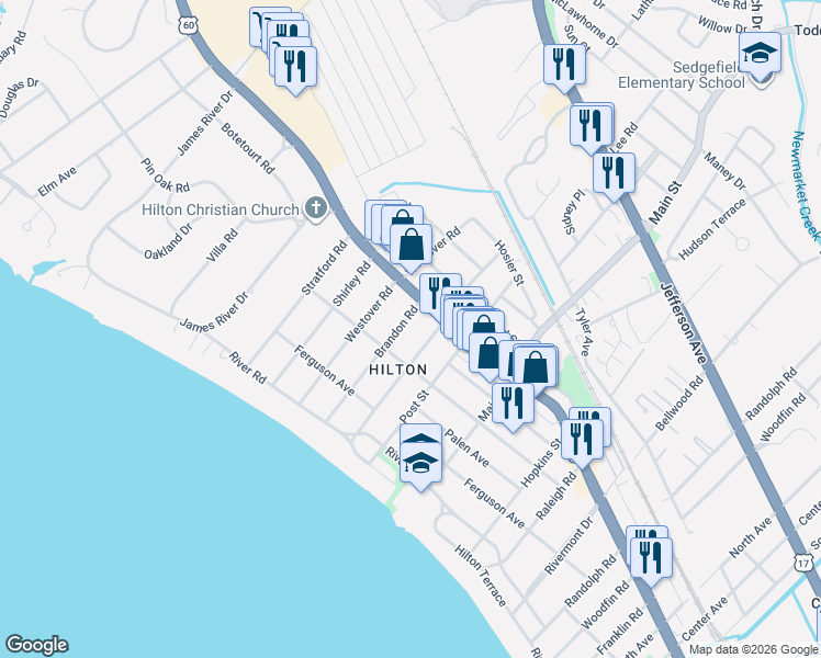 map of restaurants, bars, coffee shops, grocery stores, and more near 41 Milford Road in Newport News