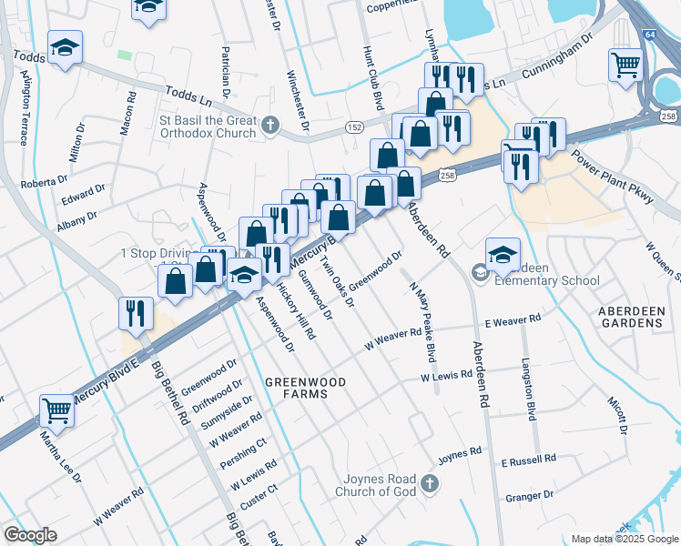 map of restaurants, bars, coffee shops, grocery stores, and more near 11 Twin Oaks Dr in Hampton