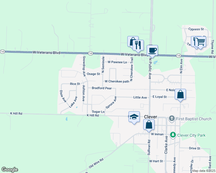 map of restaurants, bars, coffee shops, grocery stores, and more near 301 Seminole in Clever