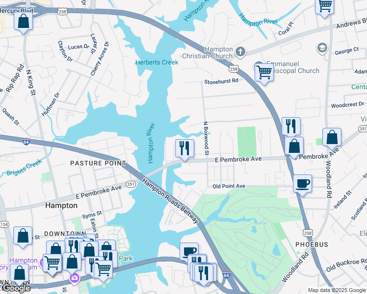 map of restaurants, bars, coffee shops, grocery stores, and more near 16 Myrtle Street in Hampton