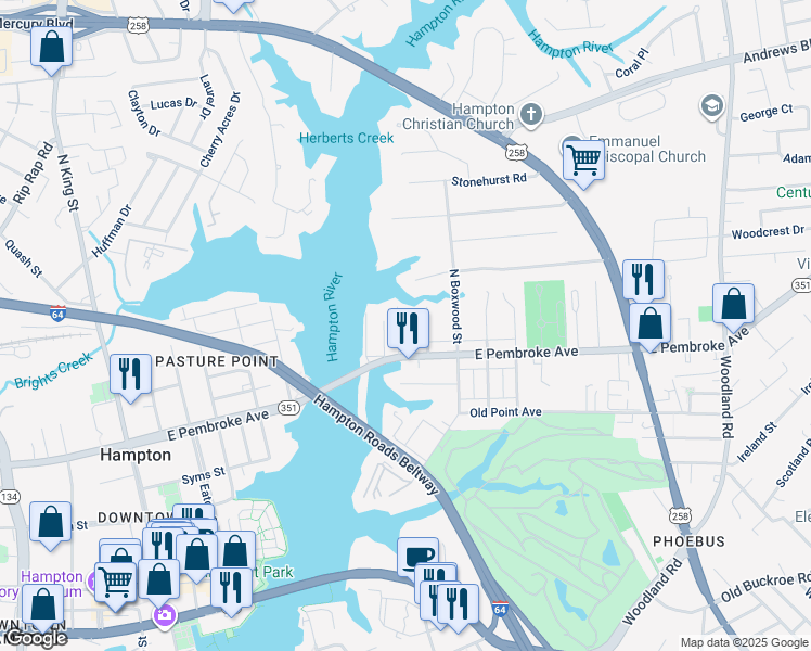 map of restaurants, bars, coffee shops, grocery stores, and more near 16 Myrtle Street in Hampton