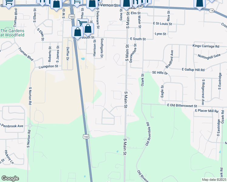 map of restaurants, bars, coffee shops, grocery stores, and more near 17 South Hillside Drive in Nixa