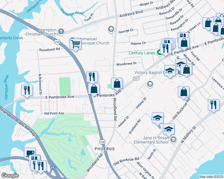 map of restaurants, bars, coffee shops, grocery stores, and more near 207 Woodland Road in Hampton