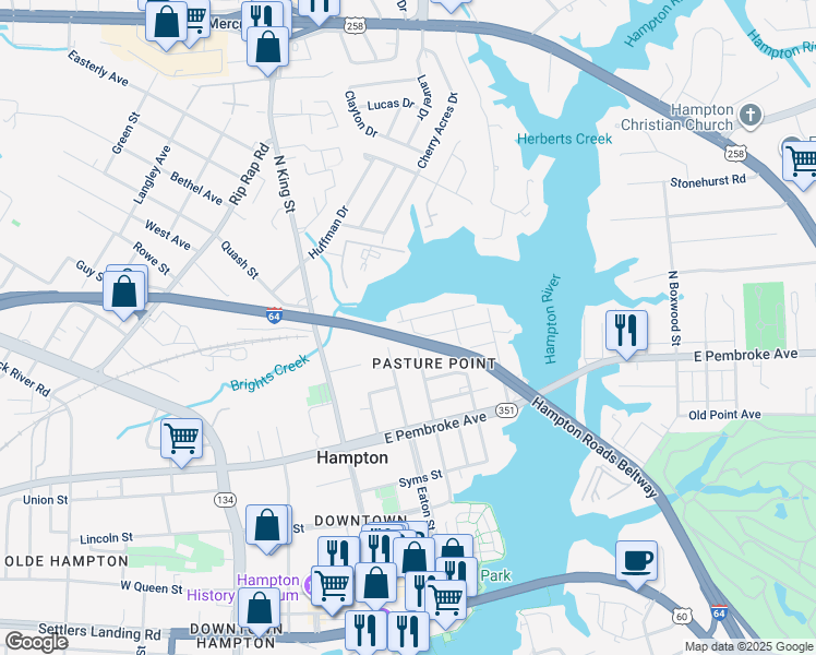 map of restaurants, bars, coffee shops, grocery stores, and more near 202 Cooper Street in Hampton